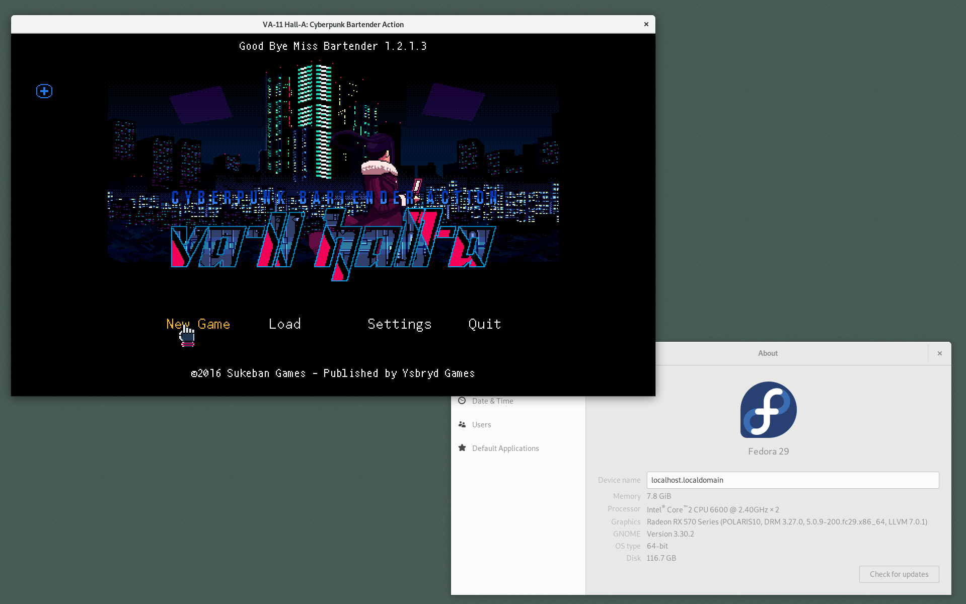 VA-11 Hall-a ejecutándose en fedora 29 64 bits